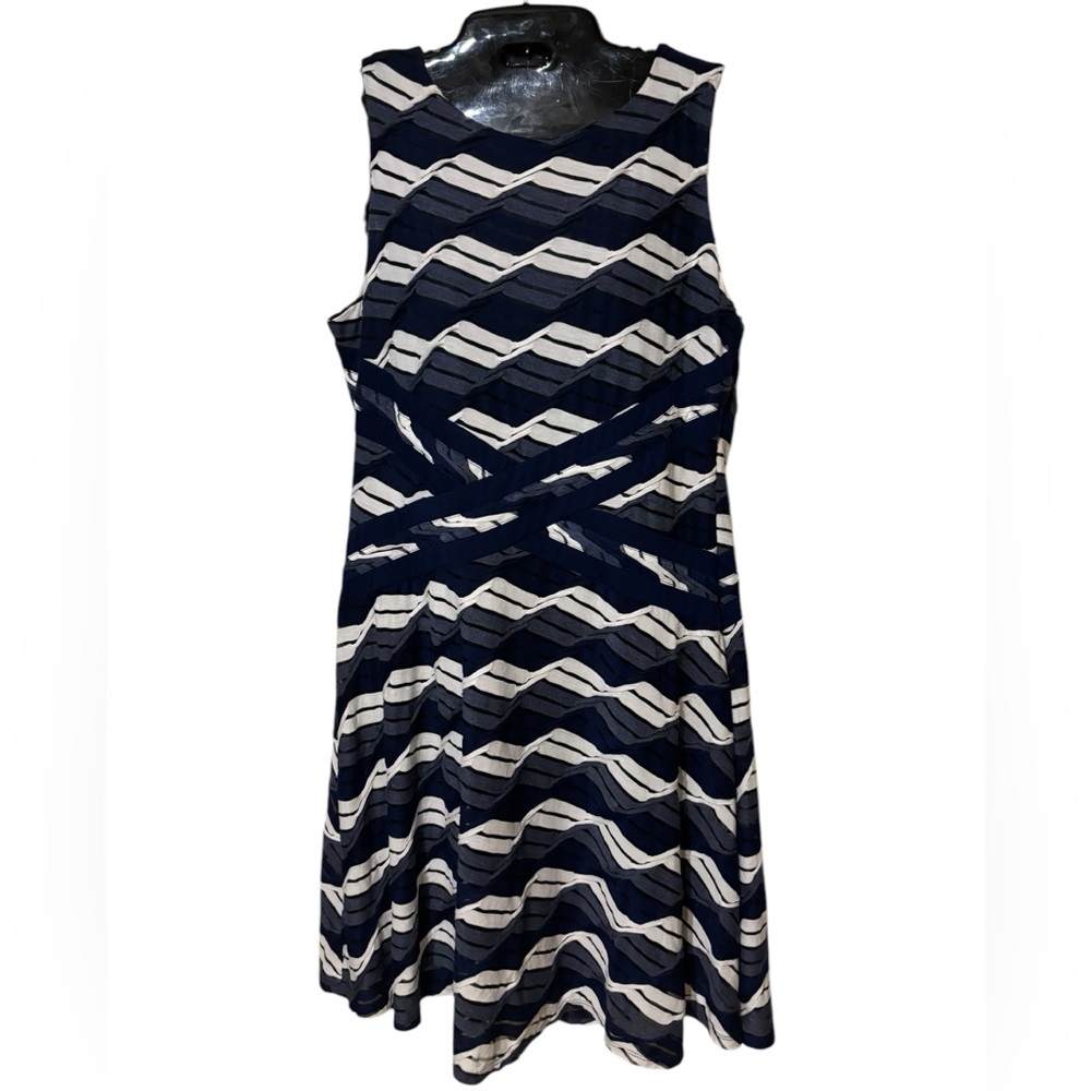 Beige by eci Navy and White Sleeveless Striped Fit & Flare Dress